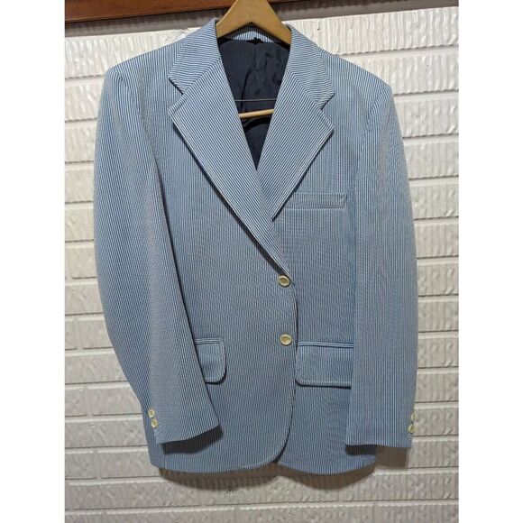 Vintage Sears The Mens Store Blue White Stripe Polyester 70's Sport Coat Size 44 - Picture 1 of 7